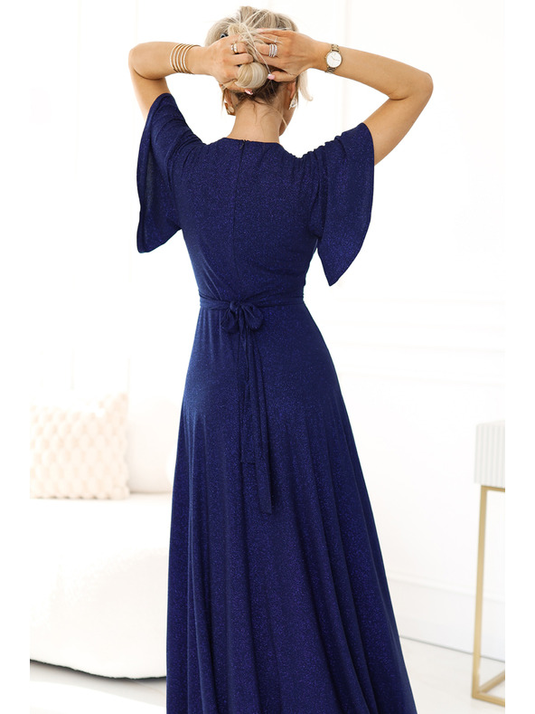 numoco Блестяща рокля с дълъг ръкав и деколте - тъмно синя с брокат Numoco