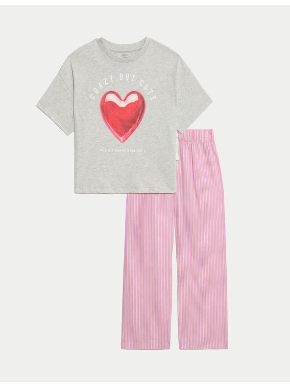 Marks & Spencer Пижама от чист памук с щампа на сърце (3-16 години) Marks & Spencer сива