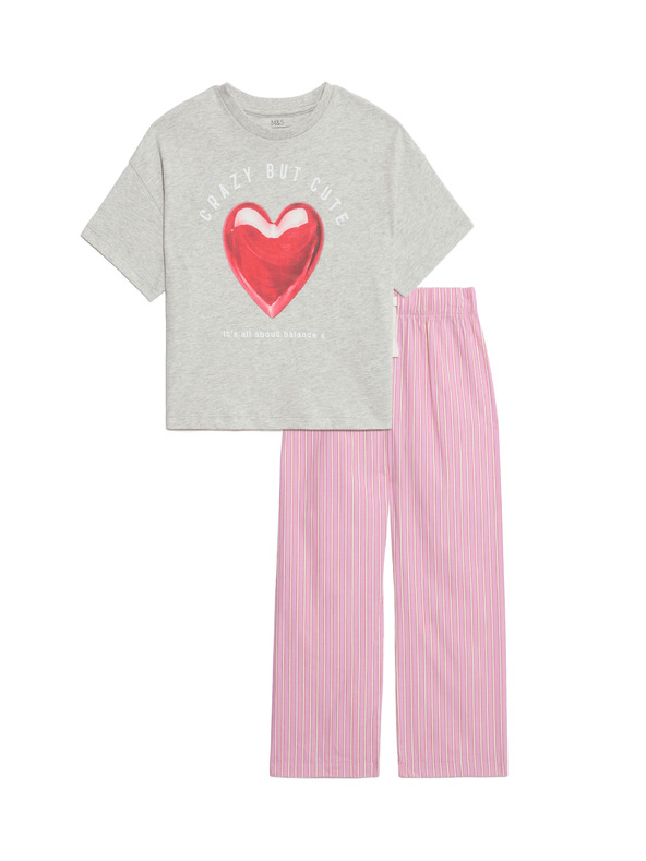Marks & Spencer Пижама от чист памук с щампа на сърце (3-16 години) Marks & Spencer сива