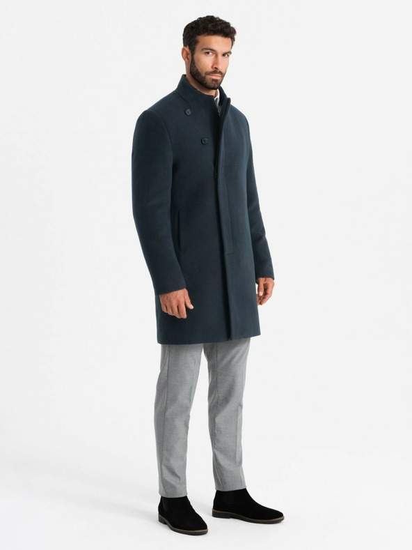 Ombre Clothing Мъжко асиметрично палто с копчета и висока яка тъмно синьо Ombre Clothing