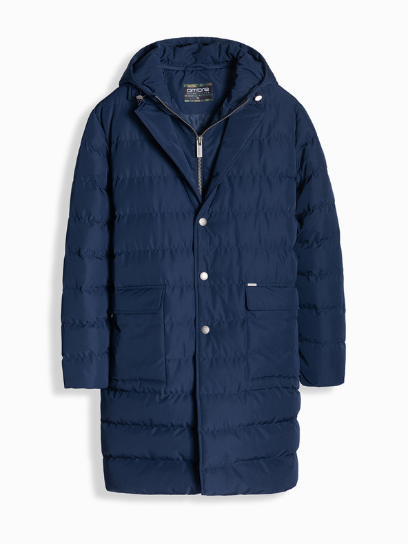 Ombre Clothing Мъжко дълго ватирано яке с ревери и подплата в тъмно синьо Ombre Clothing