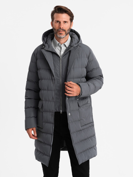Ombre Clothing Мъжко дълго ватирано яке с ревери и подплата графит Ombre Clothing