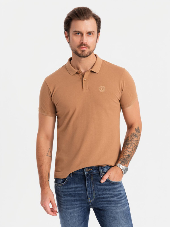 Ombre Clothing Мъжко памучно поло BASIC - бяло/бяло/светлокафяво V6 OM-POBS-0133 Ombre Clothing