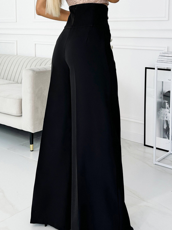 numoco Черен дамски елегантен панталон с висока талия и широки крачоли със златни копчета Numoco