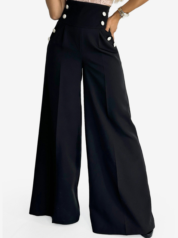 numoco Черен дамски елегантен панталон с висока талия и широки крачоли със златни копчета Numoco