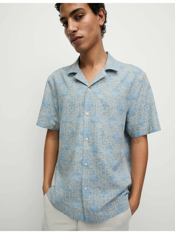 Marks & Spencer Риза от смес лен с къс ръкав и геометричен принт Marks & Spencer синя