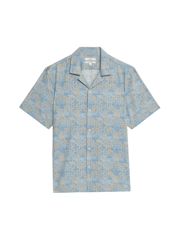 Marks & Spencer Риза от смес лен с къс ръкав и геометричен принт Marks & Spencer синя