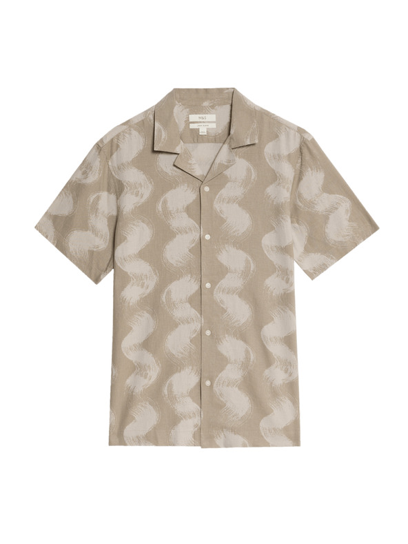 Marks & Spencer Риза с кубински яка с принт вълни и висок дял лен Marks & Spencer кремава