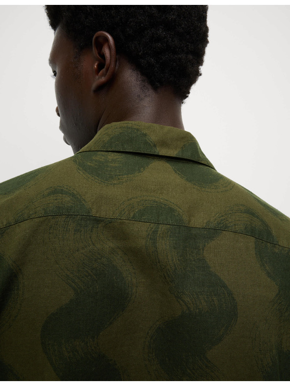 Marks & Spencer Риза с кубински яка с принт вълни и висок дял лен Marks & Spencer зелена