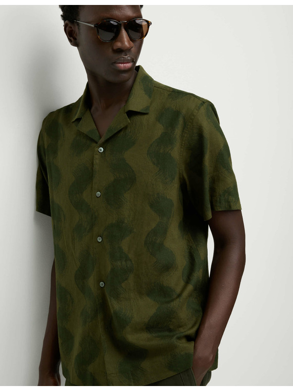 Marks & Spencer Риза с кубински яка с принт вълни и висок дял лен Marks & Spencer зелена