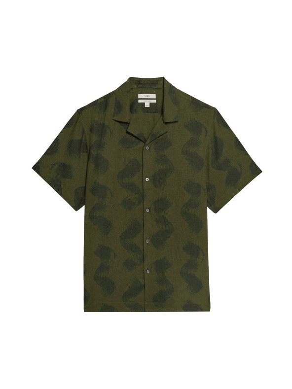 Marks & Spencer Риза с кубински яка с принт вълни и висок дял лен Marks & Spencer зелена