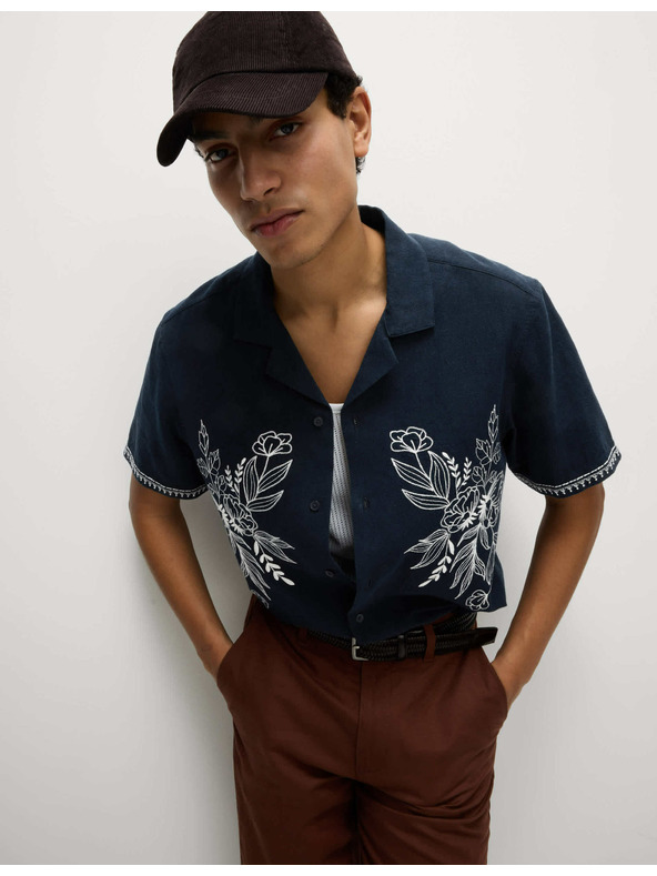 Marks & Spencer Бродирана риза с къс ръкав от смес лен и памук Marks & Spencer тъмносиня