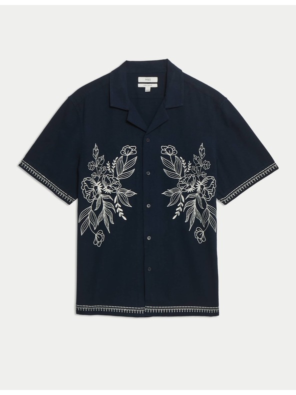 Marks & Spencer Бродирана риза с къс ръкав от смес лен и памук Marks & Spencer тъмносиня