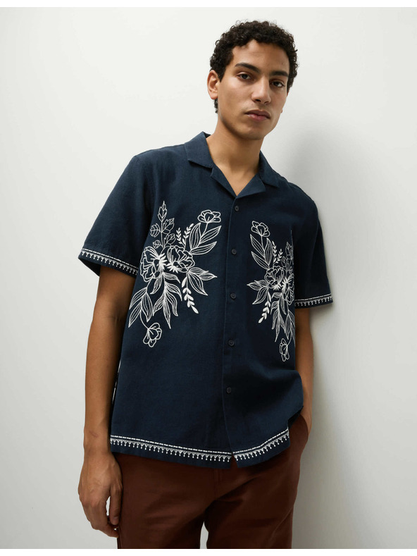 Marks & Spencer Бродирана риза с къс ръкав от смес лен и памук Marks & Spencer тъмносиня