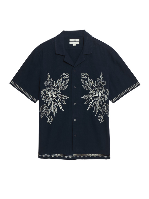 Marks & Spencer Бродирана риза с къс ръкав от смес лен и памук Marks & Spencer тъмносиня