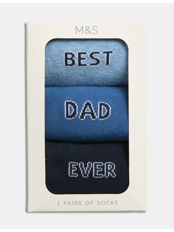 Marks & Spencer Чорапи с надпис "Best Dad Ever" и висок дял памук, 3 чифта Marks & Spencer сини