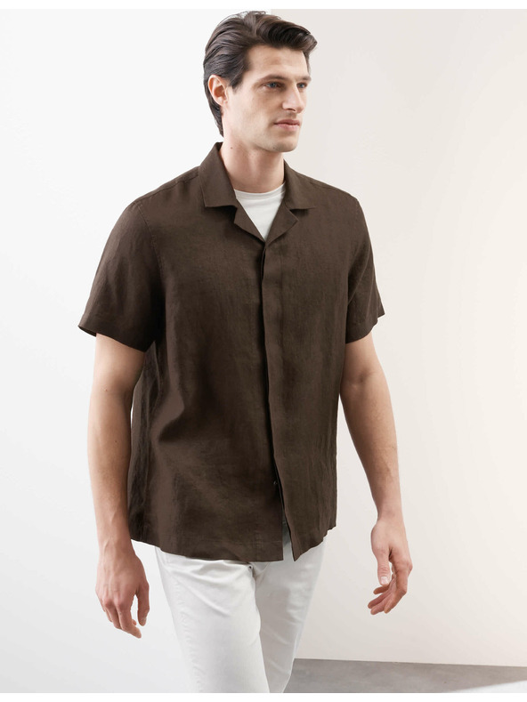 Marks & Spencer Риза от чист лен с шевица и кубанска яка Marks & Spencer в кафяв цвят