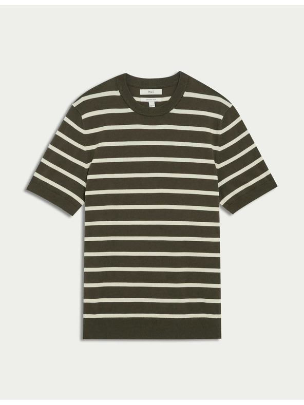 Marks & Spencer Раирана тениска с висок дял памук Marks & Spencer в зелен цвят