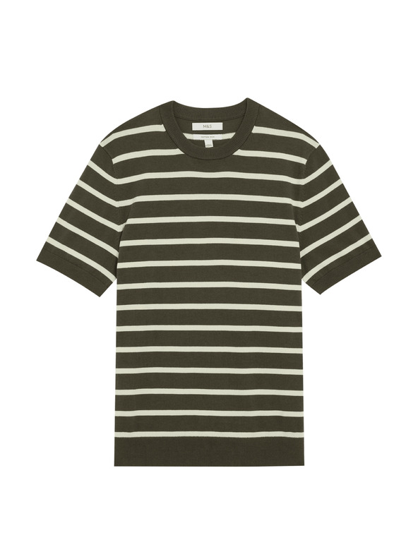 Marks & Spencer Раирана тениска с висок дял памук Marks & Spencer в зелен цвят