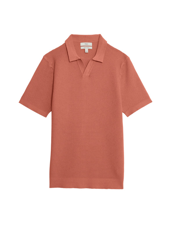 Marks & Spencer Плетена поло риза с отворена яка, от чист памук Marks & Spencer в оранжев цвят