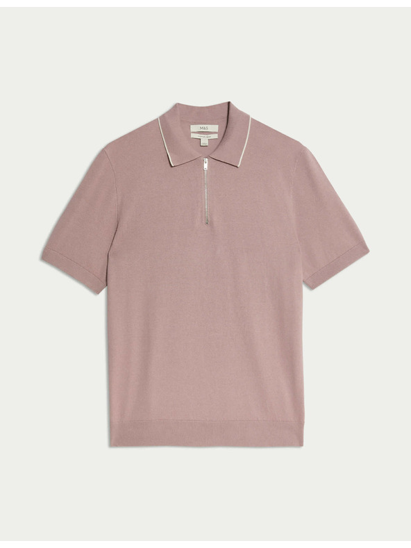 Marks & Spencer Плетена поло риза с половинzip, с висок дял памук Marks & Spencer в кафяв цвят