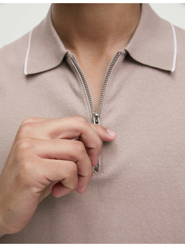 Marks & Spencer Плетена поло риза с половинzip, с висок дял памук Marks & Spencer в кафяв цвят