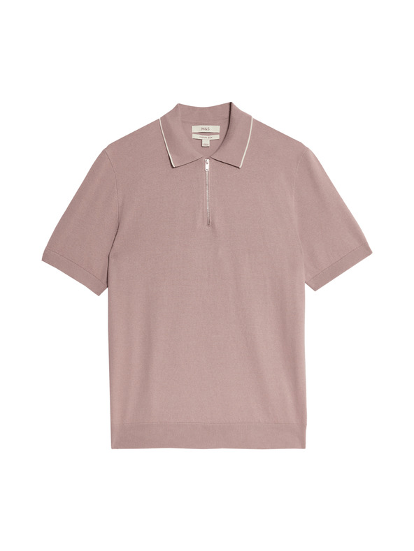 Marks & Spencer Плетена поло риза с половинzip, с висок дял памук Marks & Spencer в кафяв цвят