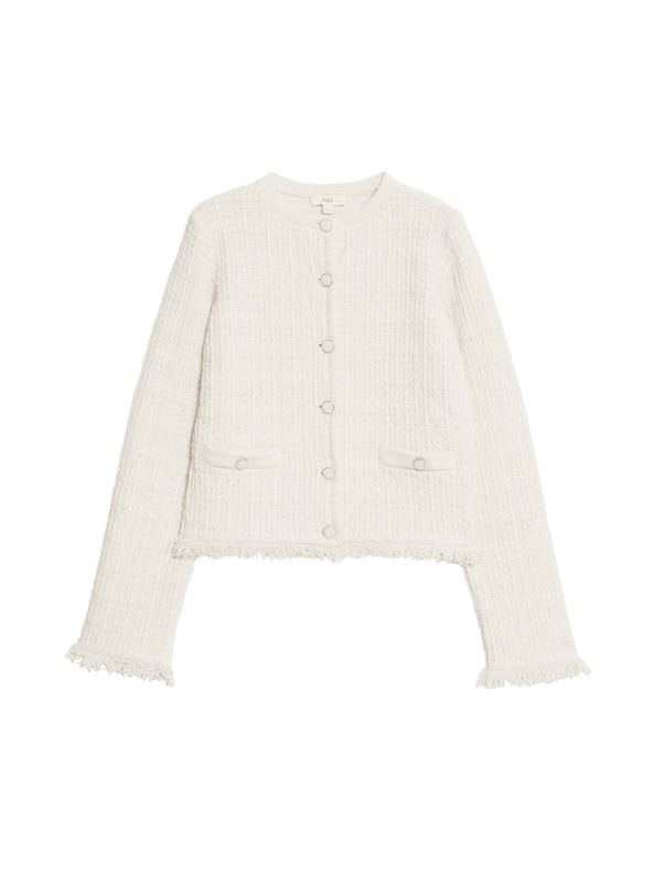 Marks & Spencer Плетен кардиган с ресни и деколте до врата, с висок дял памук Marks & Spencer кремаво