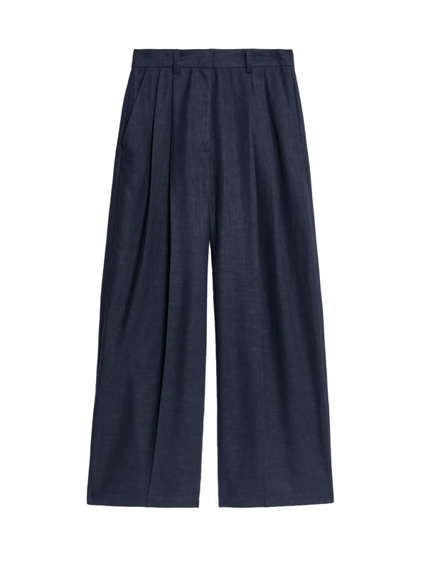 Marks & Spencer Текстилни панталони с висок процент лен и широки крачоли Marks & Spencer тъмносин