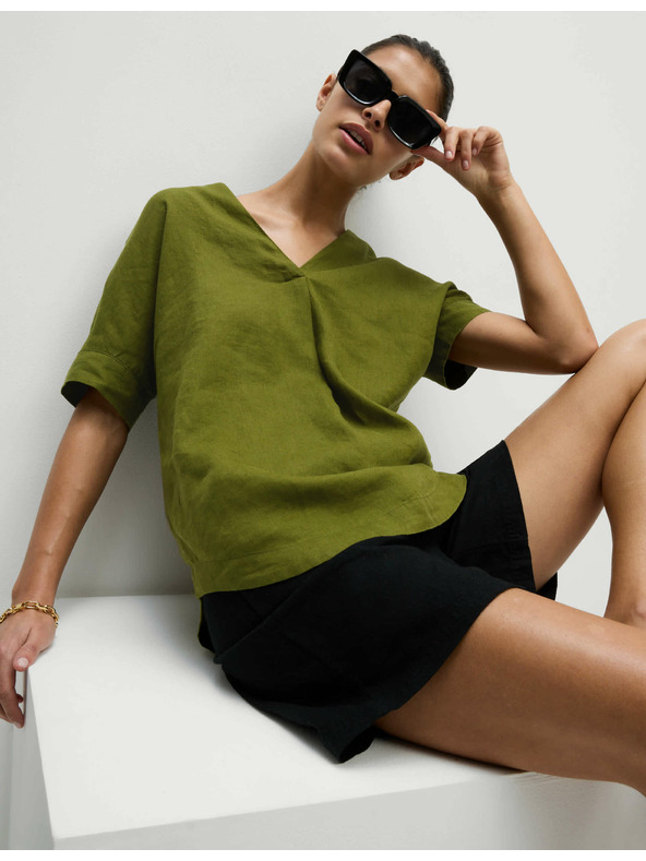 Marks & Spencer Свободна блуза с през главата и V-образно деколте от чист лен Marks & Spencer зелена