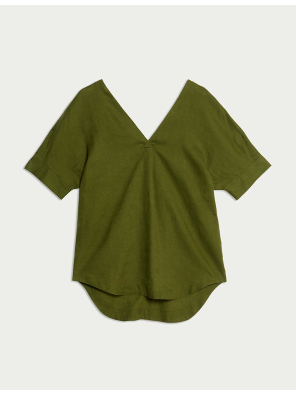 Marks & Spencer Свободна блуза с през главата и V-образно деколте от чист лен Marks & Spencer зелена