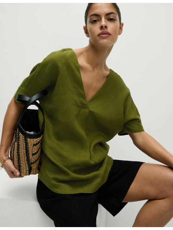 Marks & Spencer Свободна блуза с през главата и V-образно деколте от чист лен Marks & Spencer зелена