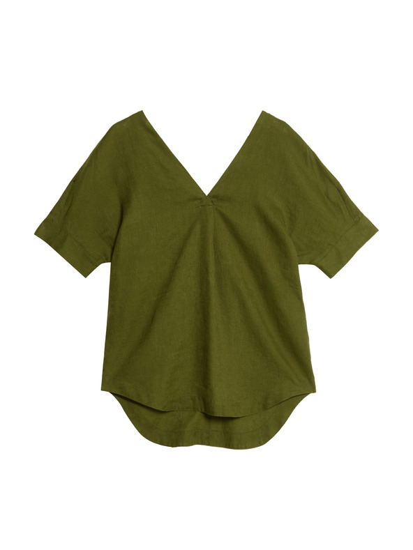 Marks & Spencer Свободна блуза с през главата и V-образно деколте от чист лен Marks & Spencer зелена