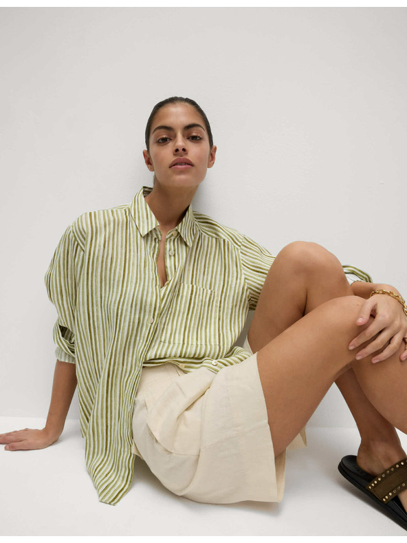 Marks & Spencer Раирана риза в макси размер от чист лен Marks & Spencer зелена