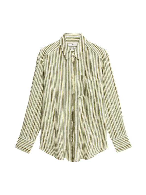 Marks & Spencer Раирана риза в макси размер от чист лен Marks & Spencer зелена