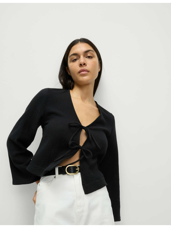 Marks & Spencer Плажен топ с V-образно деколте и връзка отпред от чист памук Marks & Spencer черно