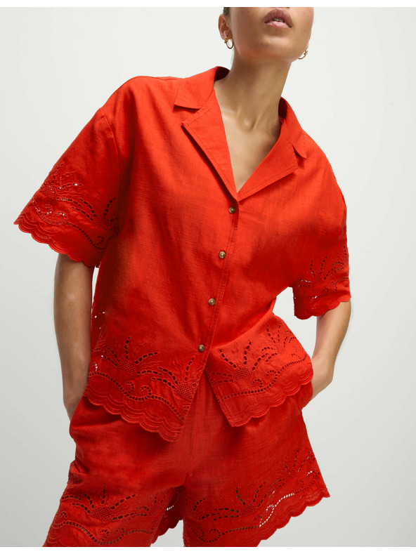 Marks & Spencer Плажна риза с копчета, яка и бродерия, от чист памук Marks & Spencer червено