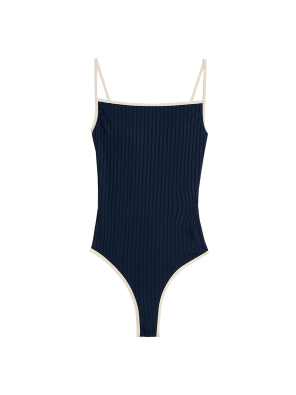 Marks & Spencer Ребрести бански с правоъгълно деколте и контрастни детайли Marks & Spencer в морско синьо