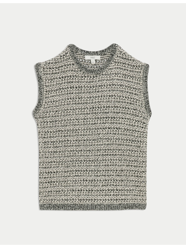 Marks & Spencer Плетена жилетка с тесен силует с деколте до врата, с памук Marks & Spencer черна