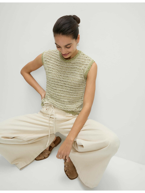 Marks & Spencer Плетена жилетка с тесен силует, деколте до врата, с памук Marks & Spencer зелена