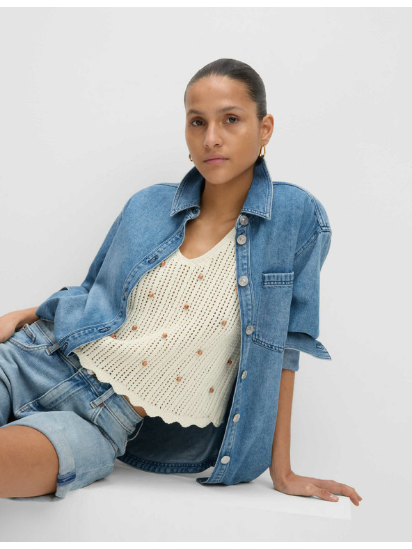 Marks & Spencer Скъсена текстурирана жилетка от памучна смес, тесен силует Marks & Spencer сметанов