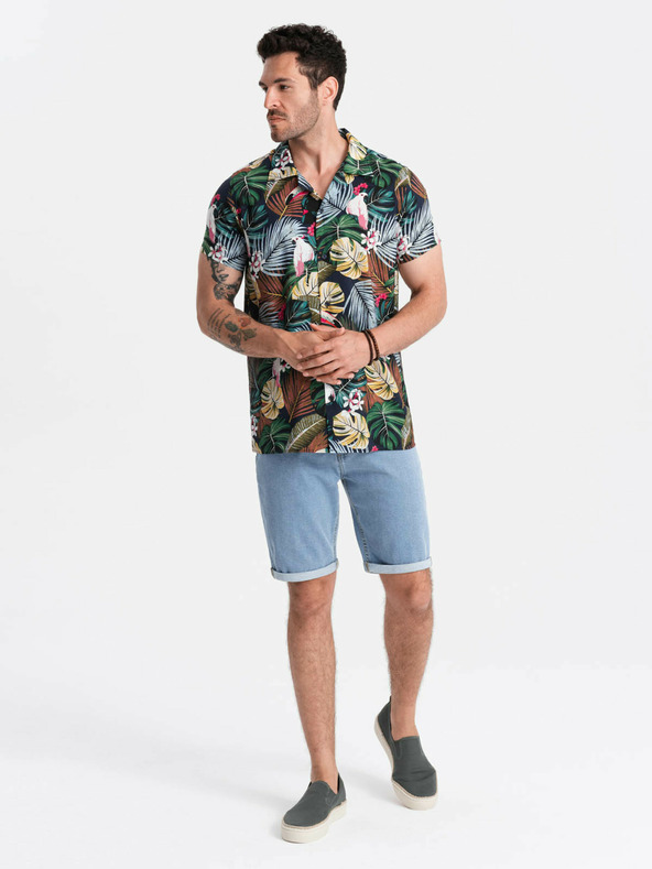 Ombre Clothing Синя мъжка риза с къс ръкав с шарка Ombre Clothing