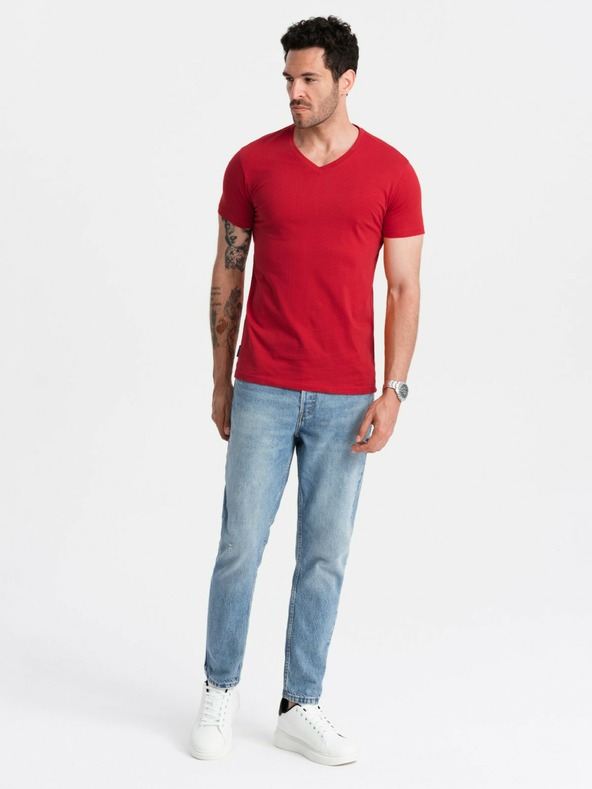 Ombre Clothing Червена мъжка памучна тениска с основно деколте Ombre Clothing