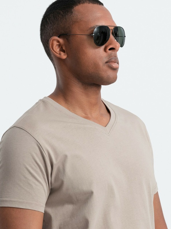 Ombre Clothing Мъжка класическа памучна тениска BASIC с V-образно деколте - пясъчна V5 OM-TSBS-0145 Ombre Clothing
