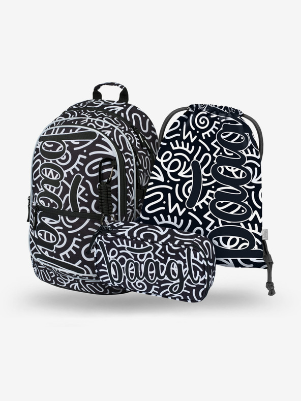 BAAGL  Черен шарен училищен комплект - раница, моливник, чанта Baagl Core Element