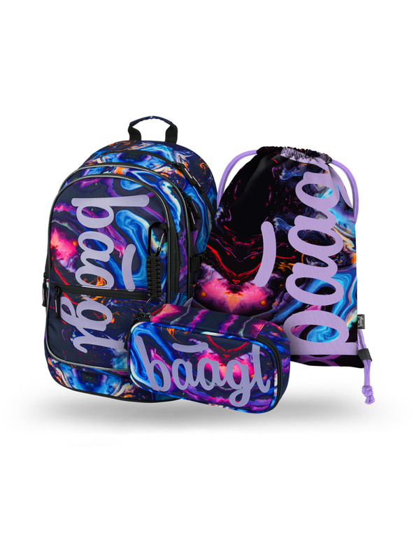 BAAGL  Лилав ученически комплект - раница, моливник, чанта Baagl Core Marble