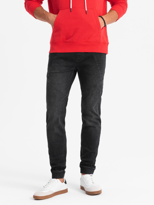 Ombre Clothing Мъжки дънкови спортни панталони с асиметричен шев черни Ombre Clothing