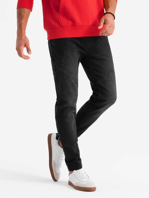 Ombre Clothing Мъжки дънкови спортни панталони с асиметричен шев черни Ombre Clothing