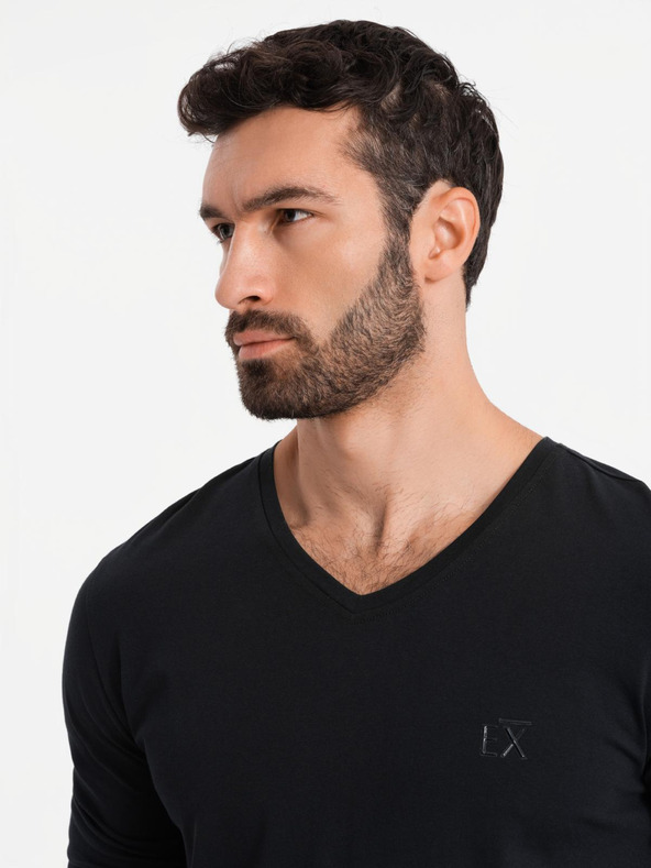 Ombre Clothing Мъжка тениска с V-образно деколте SLIM FIT с еластан и щампа черна Ombre Clothing