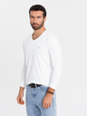 Ombre Clothing Мъжка тениска SLIM FIT с дълъг ръкав и V-образно деколте с еластан и щампа в бяло Ombre Clothing